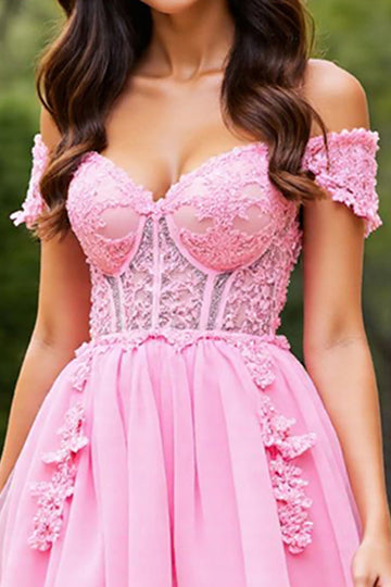 Cold Shoulder Pink Corset Appliqued Homecoming Dress